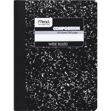 Mead Wide Ruled Composition Notebook - 100 Sheets - Sewn - 7 1/2&quot; x 9 3/4&quot; - White Paper - Black Marble Cover - 1 Each