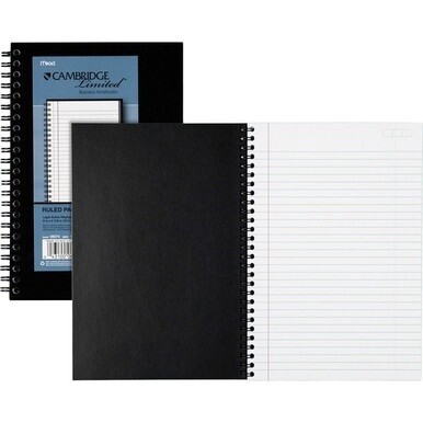 Cambridge Limited Business Notebooks - 80 Sheets - Wire Bound - College Ruled - 0.28&quot; Ruled - 20 lb Basis Weight - 8&quot; x 5&quot; - White Paper - Black Binding - BlackLinen Cover - Bond Paper, Perforated, Su
