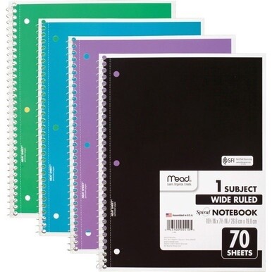 Mead 1 Subject Wide Ruled Spiral Notebook - 70 Sheets - 140 Pages - Spiral Bound - 3 Hole(s) - 10 1/2&quot; x 8&quot; - 10&quot; x 8&quot; x 0.5&quot; - White Paper - Assorted Cover - Durable Cover, Bleed Resistant, Perforate