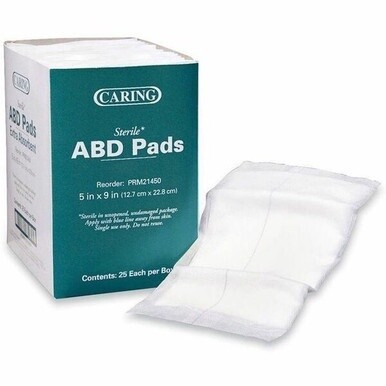 Medline Caring Sterile Abdominal Pads - 5&quot; x 9&quot; - 25/Box - White