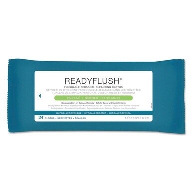 ReadyFlush Biodegradable Flushable Wipes, 1-Ply, 8 x 12, White, 24/Pack, 24 Packs/Carton