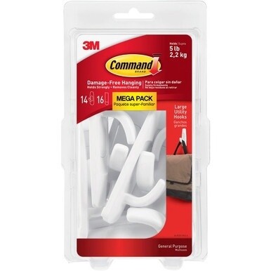 Command Large Utility Hook Mega Pack - 14 Hooks - 14 Large Hook - 5 lb (2.27 kg) Capacity - for Multipurpose, Paint, Wood, Tile - Plastic - White - 14 / Pack