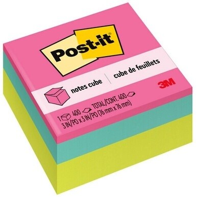 Post-it&amp;reg; Super Sticky Notes Cubes - 3&quot; x 3&quot; - Square - 400 Sheets per Pad - Power Pink, Aqua Splash, Acid Lime - Sticky, Adhesive - 1 Pack