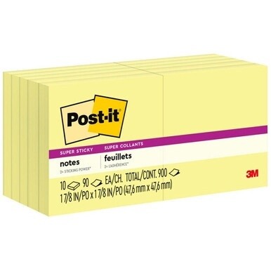 Post-it&amp;reg; Super Sticky Adhesive Notes - 900 - 2&quot; x 2&quot; - Square - 90 Sheets per Pad - Unruled - Yellow - Paper - Self-adhesive - 10 / Pack