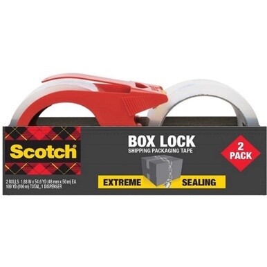 Scotch Box Lock Dispenser Packaging Tape - 55 yd Length x 1.88&quot; Width - Dispenser Included - 2 / Pack - Clear