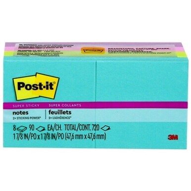 Post-it&amp;reg; Super Sticky Notes - Supernova Neons Color Collection - 720 x Multicolor - 2" x 2" - Rectangle - 90 Sheets per Pad - Aqua Splash, Acid Lime, Tropical Pink, Iris Infusion - Paper - Self-ad