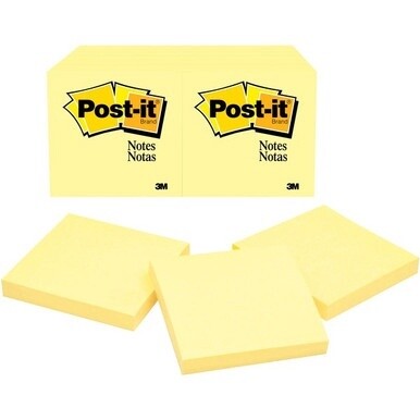Post-it&amp;reg; Notes Original Notepads - 3" x 3" - Square - 100 Sheets per Pad - Unruled - Canary Yellow - Paper - Self-adhesive, Repositionable - 24 / Bundle