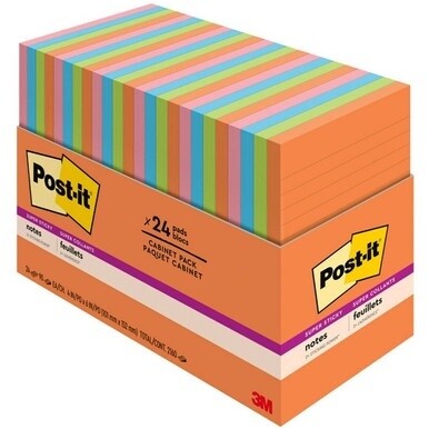 Post-it&amp;reg; Super Sticky Notes - Energy Boost Color Collection - 4" x 6" - Rectangle - 45 Sheets per Pad - Vital Orange, Tropical Pink, Blue Paradise, Limeade - Sticky - 24 / Pack