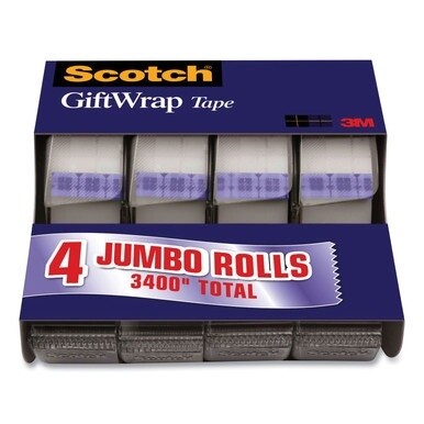 Gift Wrap Tape with Dispenser, 1&quot; Core, 0.75&quot; x 23.61 yds, Transparent, 4/Pack