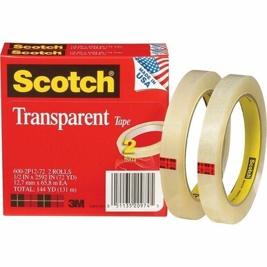 7510005519820 Scotch Transparent Tape - 1/2"W - 72 yd Length x 0.50" Width - 3" Core - Long Lasting, Moisture Resistant, Stain Resistant - For Sealing, Label Protection, Wrapping, Mending - 2 / Pack -