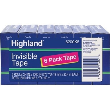 Highland 3/4"W Matte-finish Invisible Tape - 27.78 yd Length x 0.75" Width - 1" Core - For Mending, Holding, Splicing - 6 / Pack - Matte - Clear