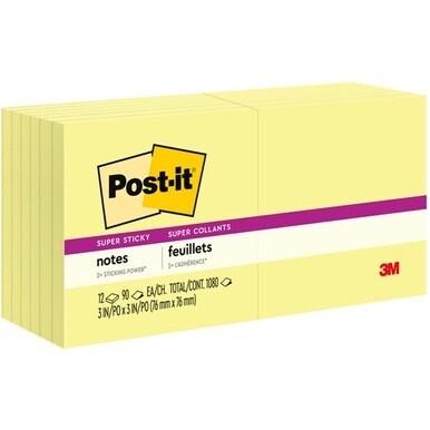 Post-it&amp;reg; Super Sticky Notes - 1080 - 3&quot; x 3&quot; - Square - 90 Sheets per Pad - Unruled - Canary Yellow - Paper - Self-adhesive - 12 / Pack
