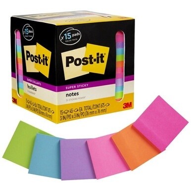 Post-it&amp;reg; Super Sticky Notes - 15 - 3" x 3" - Square - 45 Sheets per Pad - Neon Orange, Tropical Pink, Power Pink, Iris, Blue Paradise, Neon Green Limeade - Adhesive, Recyclable - 15 / Pack