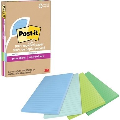 Post-it&amp;reg; Super Sticky Adhesive Note - 180 - 4" x 6" - 45 Sheets per Pad - Assorted Oasis - Removable, Repositionable, Recyclable - 4 Pad - Recycled
