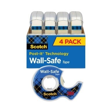 Wall-Safe Tape with Dispenser, 1&quot; Core, 0.75&quot; x 54.17 ft, Clear, 4/Pack