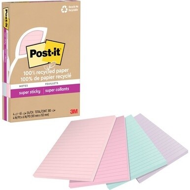 Post-it&amp;reg; Super Sticky Adhesive Note - 4" x 6" - Rectangle - 45 Sheets per Pad - Assorted Wanderlust Pastel - Repositionable - 4 / Pack - Recycled