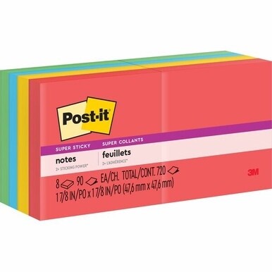 Post-it&amp;reg; Super Sticky Notes - Playful Primaries Color Collection - 720 - 2" x 2" - Square - 90 Sheets per Pad - Unruled - Candy Apple Red, Sunnyside, Lucky Green, Blue Paradise - Paper - Self-adhe