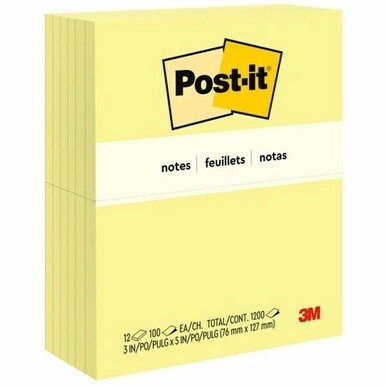 Post-it&amp;reg; Notes Original Notepads - 3&quot; x 5&quot; - Rectangle - 100 Sheets per Pad - Unruled - Canary Yellow - Paper - Self-adhesive, Repositionable - 12 / Pack