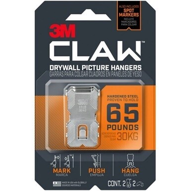 3M CLAW Drywall Picture Hanger - 65 lb (29.48 kg) Capacity - 2&quot; Length - for Pictures, Project, Mirror, Frame, Home, Decoration - Steel - Gray - 2 / Pack