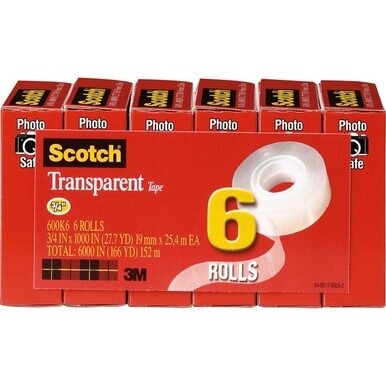 Scotch Transparent Tape - 3/4"W - 27.78 yd Length x 0.75" Width - 1" Core - Moisture Resistant, Stain Resistant, Long Lasting - For Mending, Packing, Multipurpose, Wrapping, Label Protection - 6 / Pac