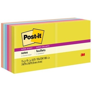 Post-it&amp;reg; Super Sticky Note Pads - Summer Joy Color Collection - 3" x 3" - Square - 90 Sheets per Pad - Citron, Papaya Fizz, Power Pink, Washed Denim, Fresh Mint - Sticky, Recyclable - 1 Pack