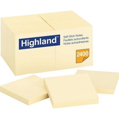 Highland Self-Sticking Notepads - 2400 - 3&quot; x 3&quot; - Square - 100 Sheets per Pad - Unruled - Yellow - Paper - Removable - 24 / Pack