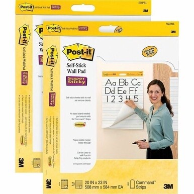 Post-it&amp;reg; Self-Stick Wall Pads - 20 Sheets - Stapled - Ruled Blue Margin - 18.50 lb Basis Weight - 20" x 23" - White Paper - Self-adhesive, Bleed Resistant, Repositionable, Resist Bleed-through, Re
