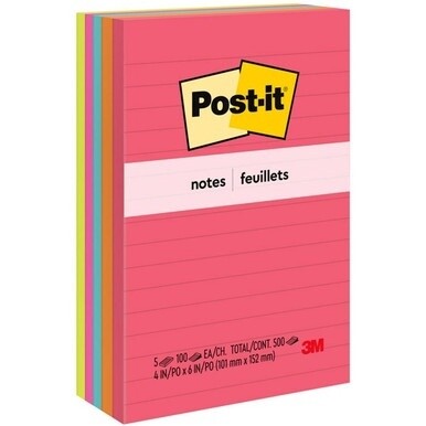 Post-it&amp;reg; Notes Original Notepads - Poptimistic Color Collection - 4&quot; x 6&quot; - Rectangle - 100 Sheets per Pad - Ruled - Power Pink, Neon Green, Aqua, Neon Orange, Guava Pink - Self-adhesive, Self-sti
