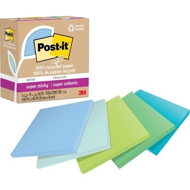 Post-it&amp;reg; Super Sticky Adhesive Note - 350 - 3" x 3" - Square - 70 Sheets per Pad - Assorted Oasis - Removable, Repositionable, Recyclable - 5 Pad - Recycled