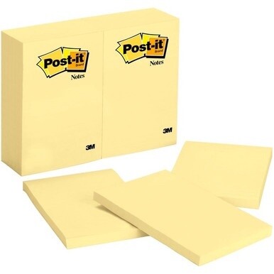 Post-it&amp;reg; Notes Original Notepads - 4&quot; x 6&quot; - Rectangle - 100 Sheets per Pad - Unruled - Canary Yellow - Paper - Self-adhesive, Repositionable - 24 / Bundle