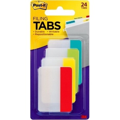 Post-it&amp;reg; Durable Tabs - Primary Colors - Write-on Tab(s) - 2&quot; Tab Height x 1.50&quot; Tab Width - Red, Yellow, Green, Blue Tab(s) - Durable, Repositionable, Wear Resistant, Tear Resistant - 24 / Pack