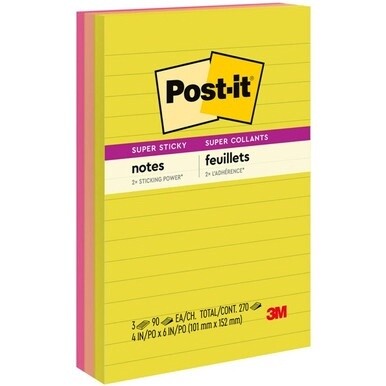 Post-it&amp;reg; Super Sticky Multi-Pack Notes - Summer Joy Color Collection - 4&quot; x 6&quot; - Rectangle - 90 Sheets per Pad - Citron, Papaya Fizz, Power Pink, Washed Denim, Fresh Mint - Sticky, Recyclable - 1 