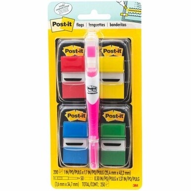 Post-it&amp;reg; Flags Value Pack - 200 - 1" x 1.75" - Rectangle - Unruled - Red, Green, Yellow, Blue, Assorted - Self-adhesive, Removable - 225 / Pack