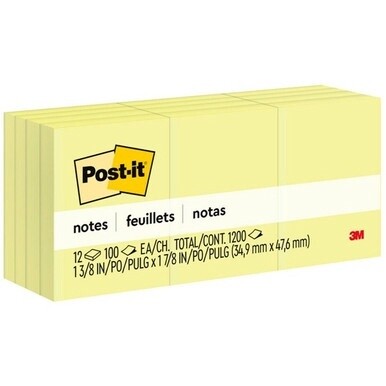 Post-it&amp;reg; Notes Original Notepads - 1.38" x 1.88" - Rectangle - 100 Sheets per Pad - Unruled - Canary Yellow - Paper - Self-adhesive, Repositionable - 12 / Pack