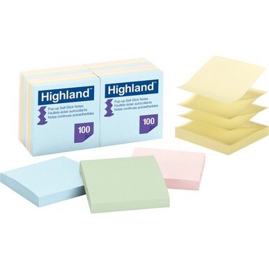 GSA MAS Highland Self-sticking Pastel Pop-up Notepads - 1200 - 3" x 3" - Square - 100 Sheets per Pad - Unruled - Assorted Pastel - Paper - Pop-up, Self-adhesive, Repositionable, Removable - 12 / Pack