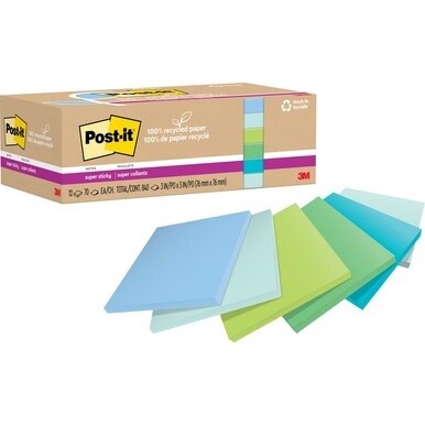 Post-it&amp;reg; Recycled Super Sticky Notes - 70 - 3&quot; x 3&quot; - Square - 70 Sheets per Pad - Assorted Oasis - Adhesive - 12 / Pack - Recycled