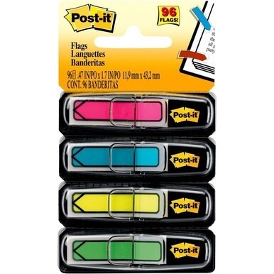 Post-it&amp;reg; Arrow Flags - 24 x Pink, 24 x Blue, 24 x Yellow, 24 x Green - 0.50" x 1.75" - Arrow, Rectangle - Unruled - Pink, Green, Blue, Yellow, Aqua - Removable, Self-adhesive - 96 / Pack
