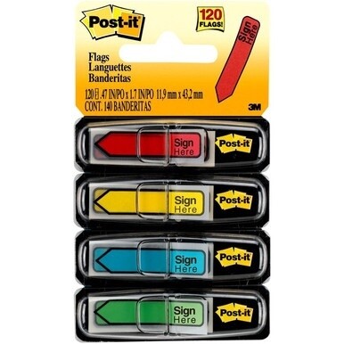 Post-it&amp;reg; Message Flags - 30 x Yellow, 30 x Blue, 30 x Red, 30 x Green - 0.50" x 1.75" - Rectangle, Arrow - Unruled - "SIGN HERE" - Blue, Red, Green, Yellow, Assorted - Removable, Self-adhesive - 1