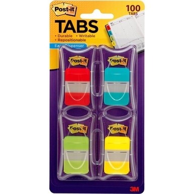Post-it&amp;reg; Tabs - 100 Write-on Tab(s) - 1" Tab Height x 1.50" Tab Width - Red, Blue, Green, Yellow Tab(s) - Tear Resistant, Wear Resistant, Repositionable, Durable - 100 / Pack