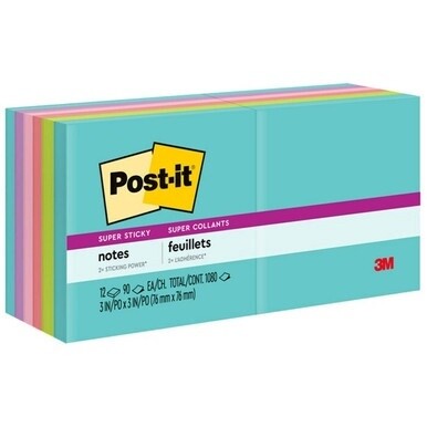Post-it&amp;reg; Super Sticky Notes - Supernova Neons Color Collection - 1080 x Multicolor - 3" x 3" - Rectangle - 90 Sheets per Pad - Aqua Splash, Tropical Pink, Acid Lime, Guava, Iris Infusion - Paper -