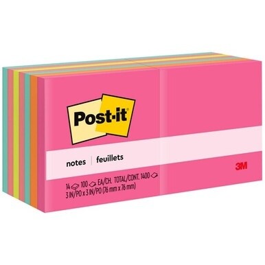 Post-it&amp;reg; Notes - Poptimistic Color Collection - 1400 - 3&quot; x 3&quot; - Square - 100 Sheets per Pad - Unruled - Power Pink, Vital Orange, Aqua Splash, Guava, Acid Lime, Neon Green - Paper - Self-adhesive