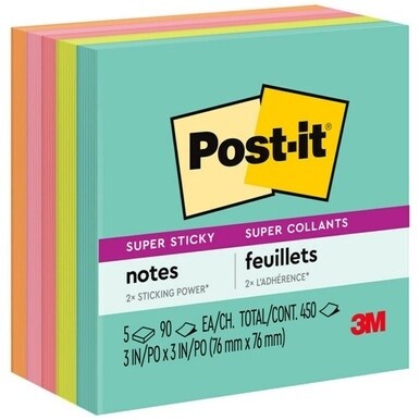 Post-it&amp;reg; Super Sticky Notes - Supernova Neons Color Collection - 3" x 3" - Square - 90 Sheets per Pad - Aqua Splash, Acid Lime, Guava, Tropical Pink, Iris Infusion - Paper - Recyclable, Reposition