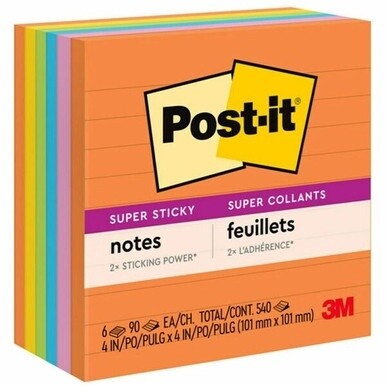 Post-it&amp;reg; Super Sticky Lined Notes - Energy Boost Color Collection - 540 - 4" x 4" - Square - 90 Sheets per Pad - Ruled - Vital Orange, Tropical Pink, Blue Paradise, Limeade, Sunnyside - Paper - Se