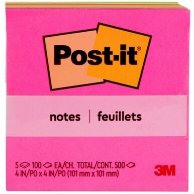 Post-it&amp;reg; Notes - Poptimistic Color Collection - 4" x 4" - Square - 100 Sheets per Pad - Fuchsia, Neon Green, Neon Orange - Repositionable, Self-adhesive - 5 / Pack