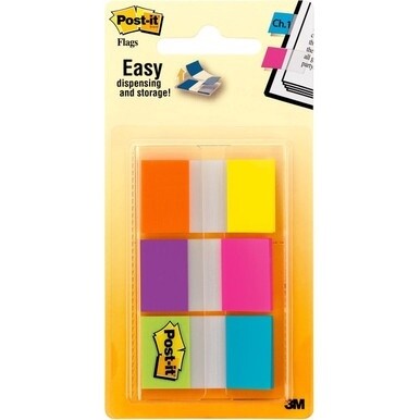 Post-it&amp;reg; Flags - 60 - 1" x 1.75" - Rectangle - Unruled - Orange, Blue, Green, Pink, Yellow, Purple, Assorted - Reusable, Repositionable, Self-adhesive, Removable - 60 / Pack