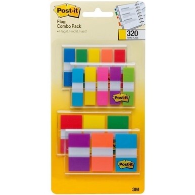 Post-it&amp;reg; Assorted Flag Combo Pack - 320 x Assorted - 0.50&quot; , 1&quot; - Blue, Green, Yellow, Orange, Red, Pink, Purple - Self-adhesive, Repositionable - 320 / Pack