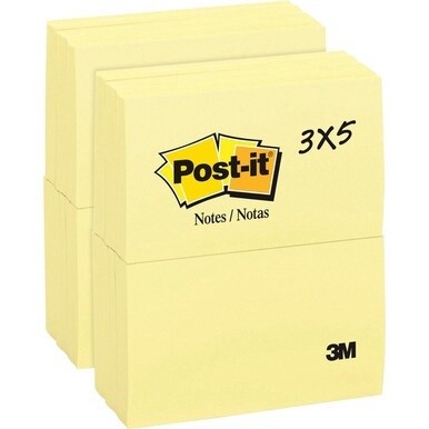 Post-it&amp;reg; Notes Original Notepads - 3" x 5" - Rectangle - 100 Sheets per Pad - Unruled - Canary Yellow - Paper - Self-adhesive, Repositionable - 24 / Bundle