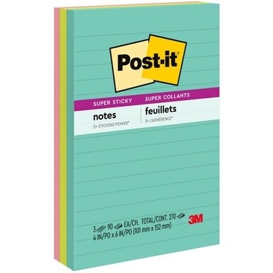 Post-it&amp;reg; Super Sticky Notes - Supernova Neons Color Collection - 270 x Multicolor - 4" x 6" - Rectangle - 90 Sheets per Pad - Ruled - Aqua Splash, Acid Lime, Guava - Paper - Self-adhesive, Recycla