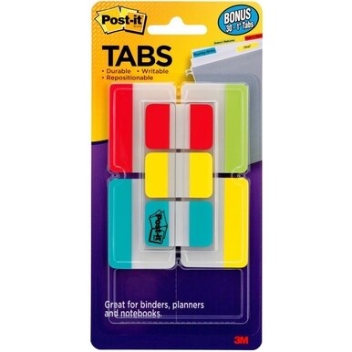 Post-it&amp;reg; Tabs Value Pack - Primary Colors - Write-on Tab(s) - 1&quot; Tab Height x 2&quot; Tab Width - Red, Yellow, Blue, Green Tab(s) - Tear Resistant, Wear Resistant, Durable, Repositionable - 66 / Pack