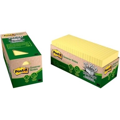 Post-it&amp;reg; Greener Notes Cabinet Pack - 1800 - 3" x 3" - Square - 75 Sheets per Pad - Unruled - Canary Yellow - Paper - Self-adhesive, Repositionable - 24 / Pack - Recycled
